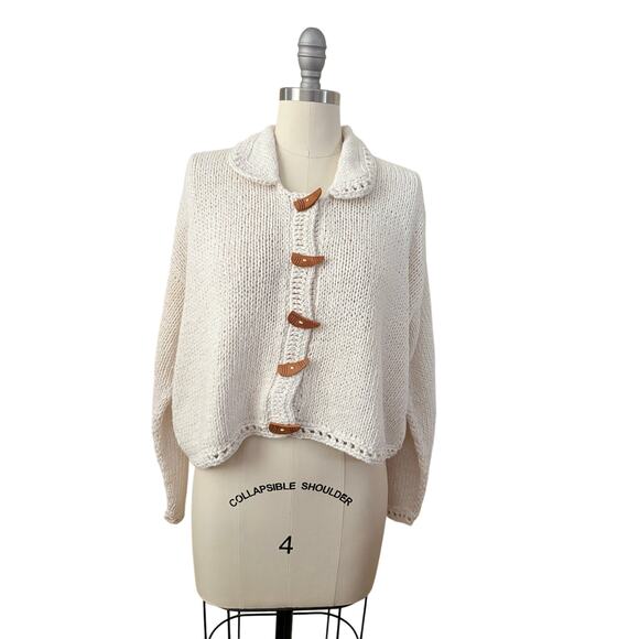 Vintage RICO White Knit Cardigan Sweater Wooden Toggle Buttons 100% Cotton - Picture 1 of 6